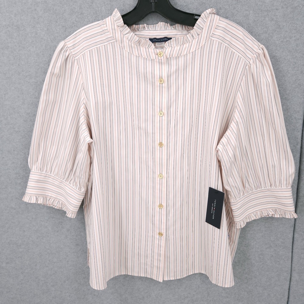 Tommy Hilfiger Stripe Puff 3/4 Sleeve Button Front Shirt Womens Size XL READ